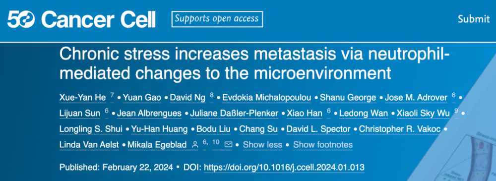 Cancer Cell：何雪妍等人揭示慢性压力是如何促进癌症转移的