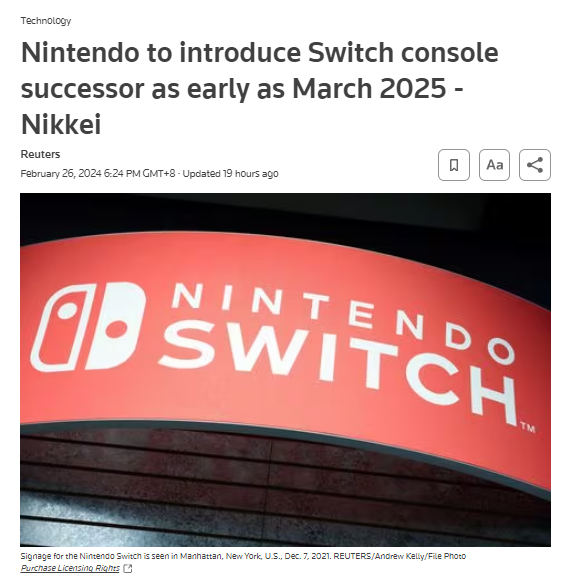 任天堂Switch新机最早2025年3月上市？国行3款游戏此前刚过审