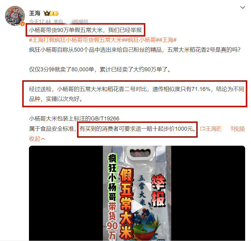 王海举报小杨哥带货假五常大米，登上热搜第一，小杨哥回应了！