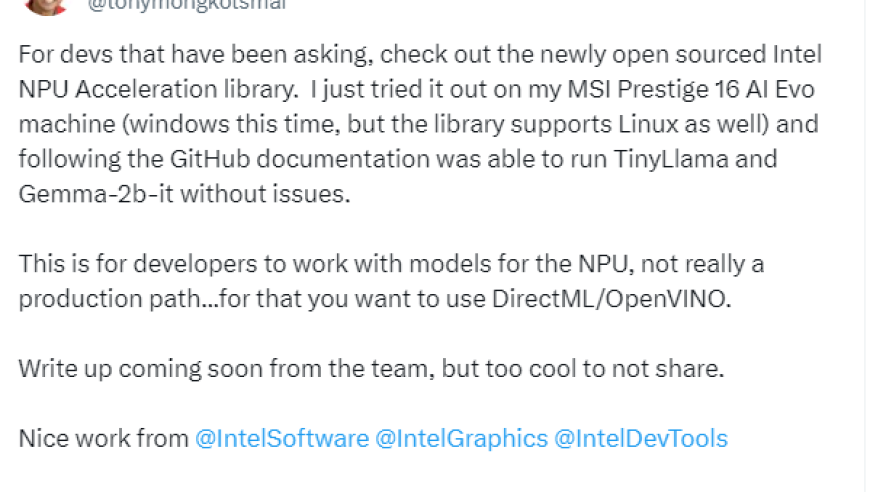 英特尔推出易用NPU加速库，助力开发者优化AI应用。