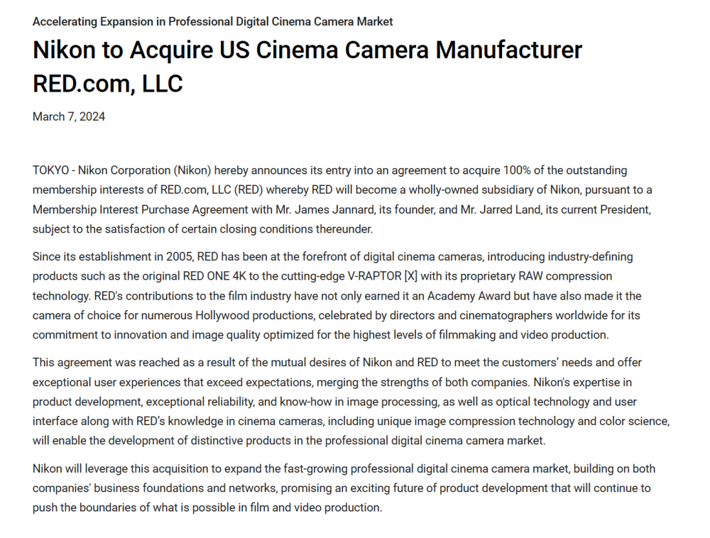 终于可以内录RAW了？尼康宣布将与RED签署收购协议
