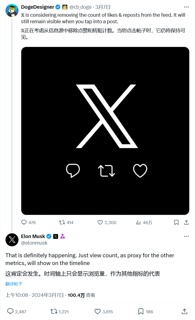 马斯克：X 信息流将隐藏“点赞”和“转推”计数