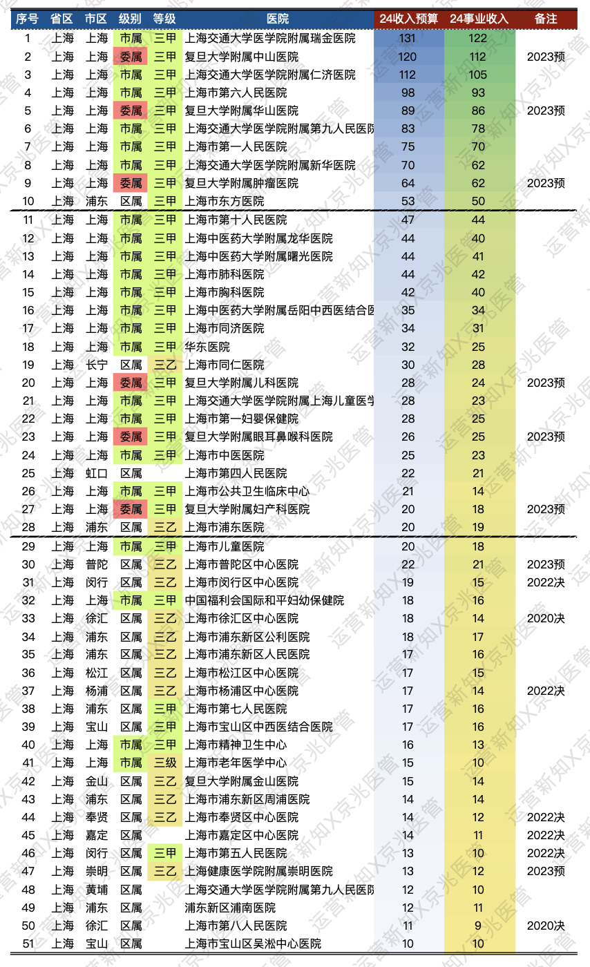 上海市医院2024年收入观察