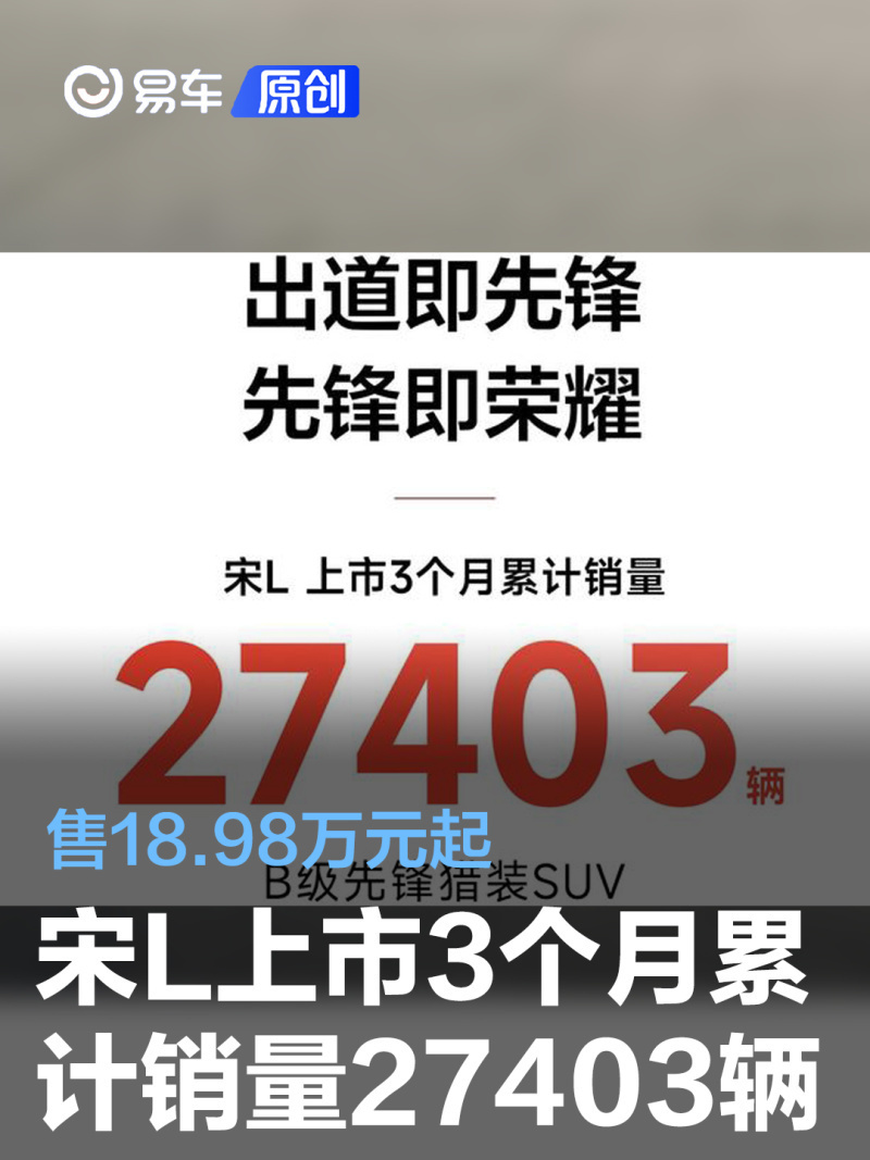 比亚迪宋L上市3个月累计销量27403辆 售18.98万元起