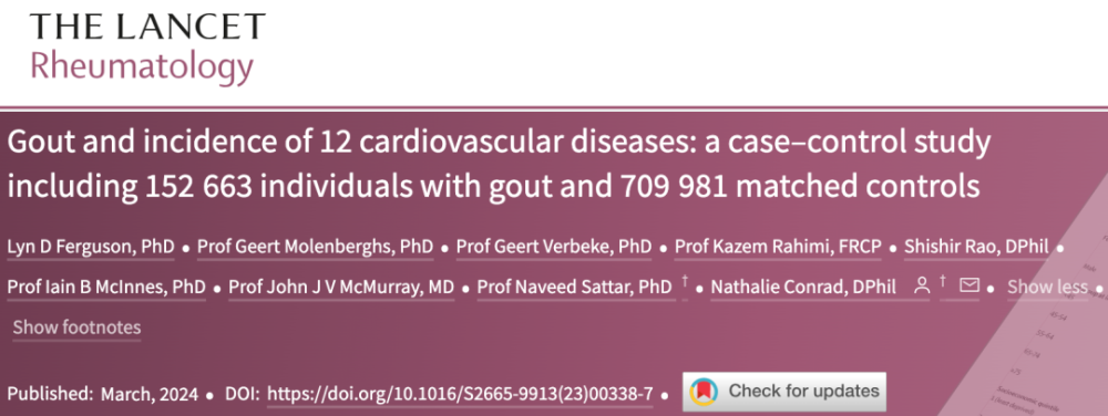 《柳叶刀》子刊：迄今最全面的研究首次证实，痛风至少增加12种心血管疾病的风险丨临床大发现