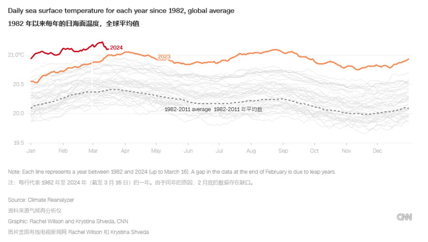 自今年3月起，全球海平面平均气温每天都创下了新高。