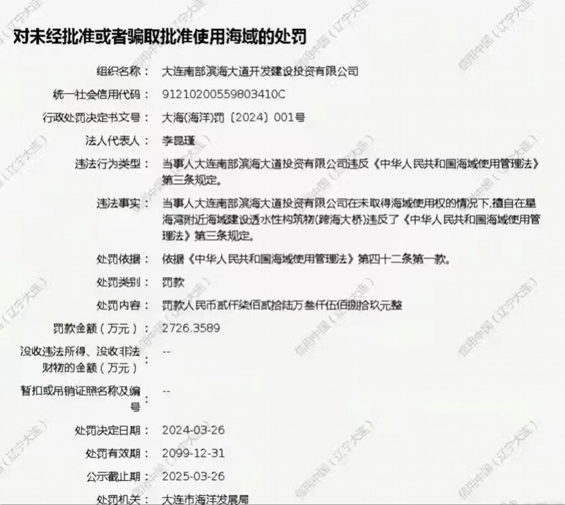 "大连一跨海大桥建设单位因未取得海域使用权被罚款2700万"