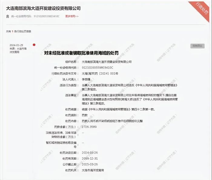 大连一跨海大桥建设单位因违规被判罚2700万，官方已经下架公示信息并正在进行核查工作