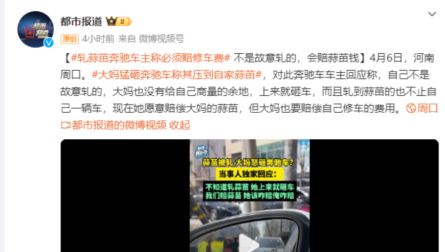 豪车车主奔驰引擎故障致蒜苗被轧受损，索赔不成对方要求赔偿蒜苗