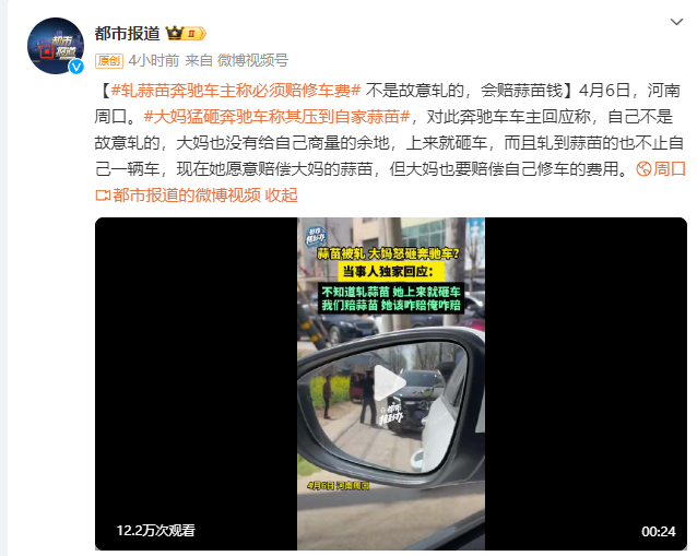 "豪车车主奔驰引擎故障致蒜苗被轧受损，索赔不成对方要求赔偿蒜苗"