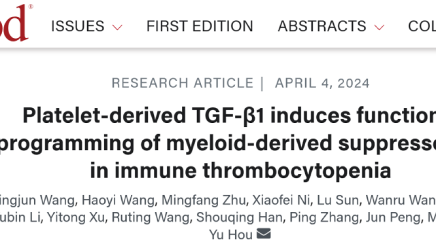 山东大学侯宇团队揭示：TGF-β1驱动的免疫性血小板减少症中髓源性抑制细胞功能性的转变与研究进展