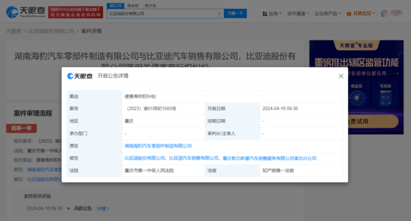 "比亚迪侵犯海豹汽车零部件公司的权益 网站正式状告比亚迪侵权案开庭"