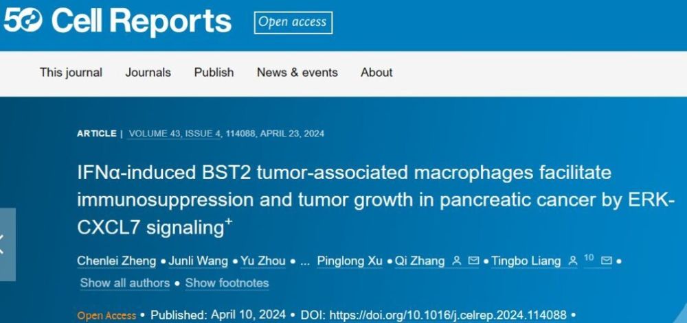 "浙江大学梁廷波/章琦团队揭示：细胞子刊：深入解析胰腺癌免疫抑制与肿瘤生长的机制"