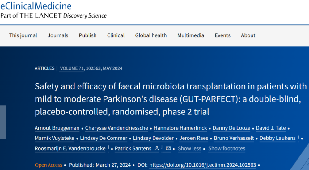 "eCM：首个临床试验揭示粪菌移植对帕金森病患者运动症状的显著改善效果"