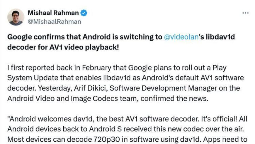 谷歌宣布Android将转向libdav1d编码器，提升AV1视频支持