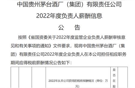 茅台集团2022年高管薪酬：丁雄军与李静仁分别领走100.78万年薪