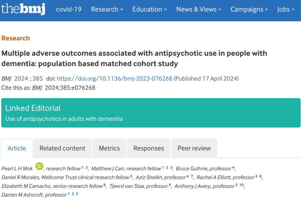 "医学期刊《英国杂志》：为何抗精神病药物的危险性在痴呆患者中的评估被严重低估？"