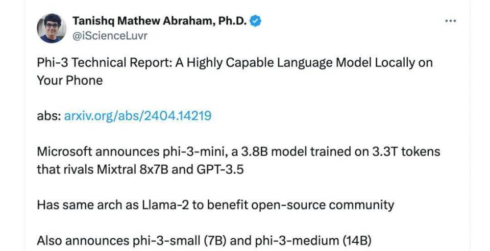 "微软发布新款性能强劲的Linux手机系统： Phi-3，大幅提升Llama-3的表现"