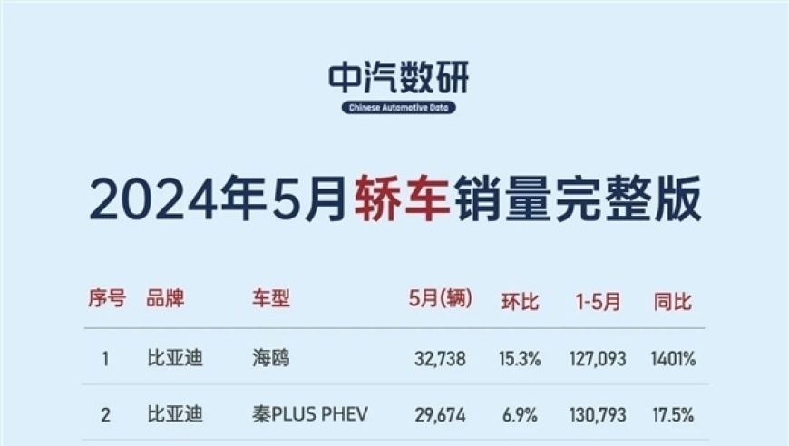 比亚迪汽车5月销售榜公布：市场份额达一半！