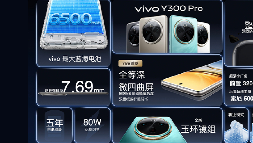 汇集诸多旗舰级技术：vivo Y300 Pro引领前所未有的蓝海电池创新，海量蓝心大模型助您畅享极致体验。