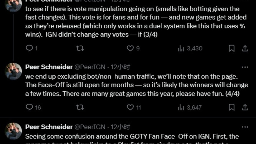 IGN联合创始人对此事发表声明：没有操纵票数，关注游戏质量而非投票波动