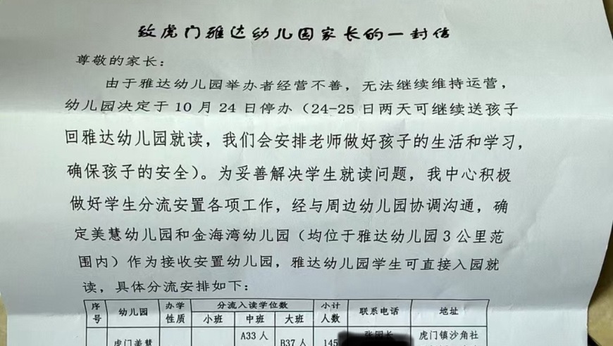 东莞幼儿园疑因欠款问题暂停办学，多家教育机构介入调查