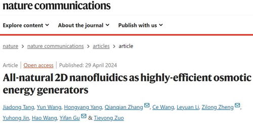 科学家成功制备二维纳流体膜，实现长达30天的盐差能发电，输出功率达8.61 W/平方米