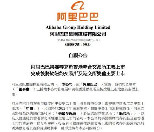 阿里巴巴港交所双重上市信息今日正式生效